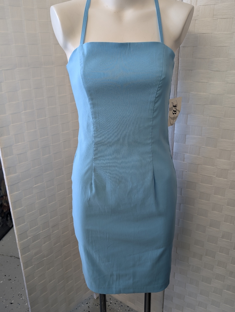Vintage  Spandex Dress Criss Cross Back Kick Pleat Sky Blue Halter Back 90s